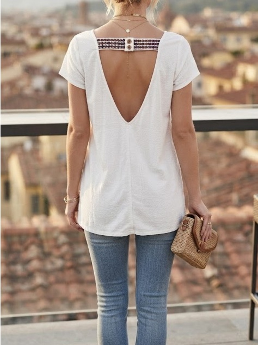 White V-Back with Embroidery Short Sleeve Cotton Women's Tunic